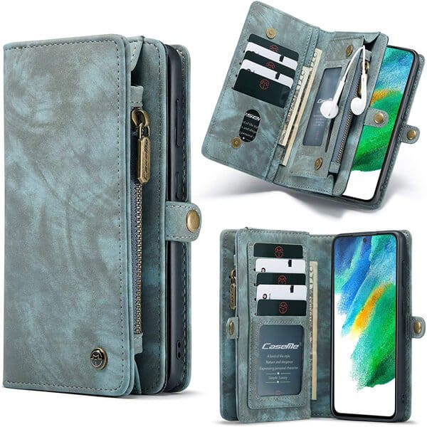 CaseMe For Samsung Galaxy S21 FE Zipper & Detachable Retro Leather Pouch Wallet Flip Purse Bag Detachable Phone Case Cover (Sky Blue)