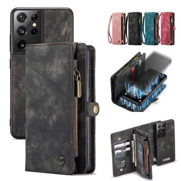 CaseMe For Samsung Galaxy S22 S22+ S22 Plus S22 Ultra Zipper & Detachable Retro Leather Pouch With Chain Wallet Flip Purse Bag Detachable Phone Case Cover