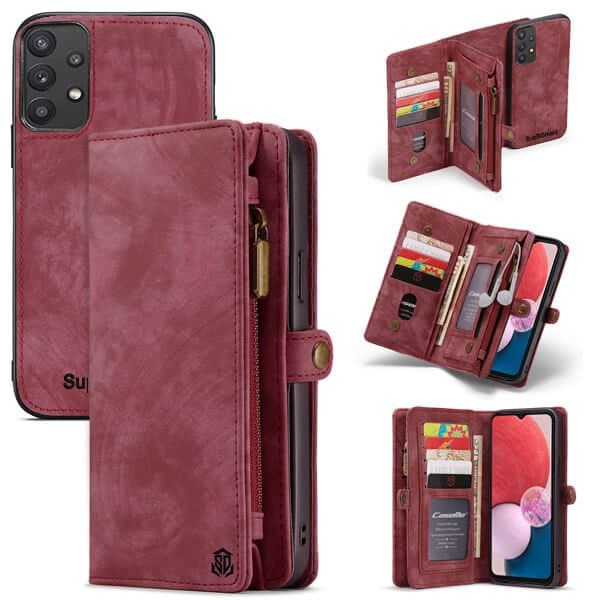 CaseMe Samsung Galaxy A13 5G Zipper & Detachable Retro Leather Pouch With Chain Wallet Flip Purse Bag Detachable Phone Case Cover (Red)