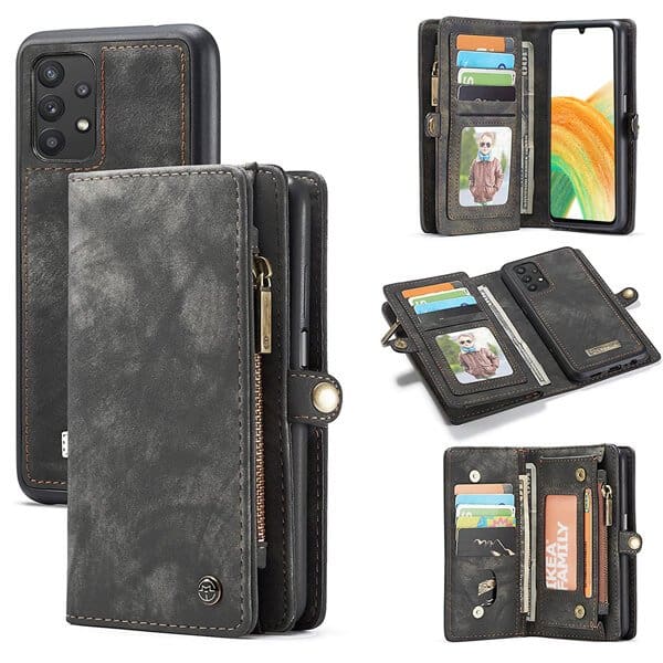 CaseMe Samsung Galaxy A33 5G Zipper & Detachable Retro Leather Pouch Wallet Flip Purse Bag Detachable Phone Case Cover (Black)