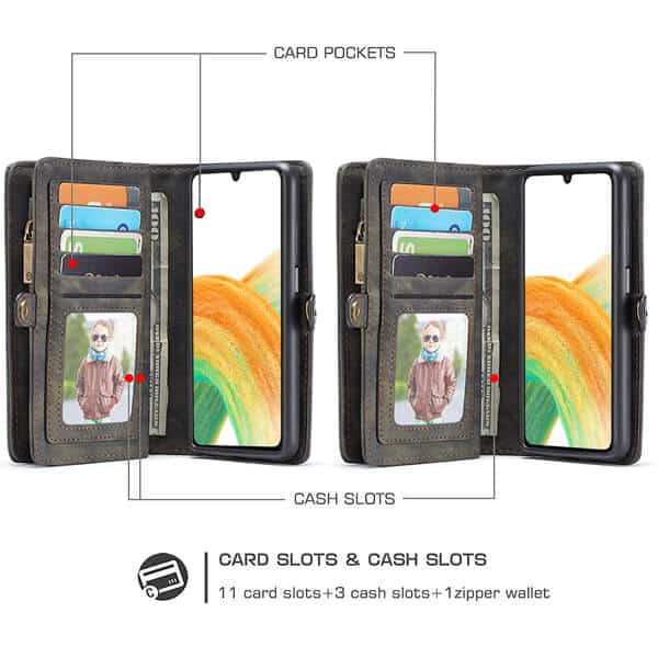 CaseMe Samsung Galaxy A33 5G Zipper & Detachable Retro Leather Pouch Wallet Flip Purse Bag Detachable Phone Case Cover (Black)