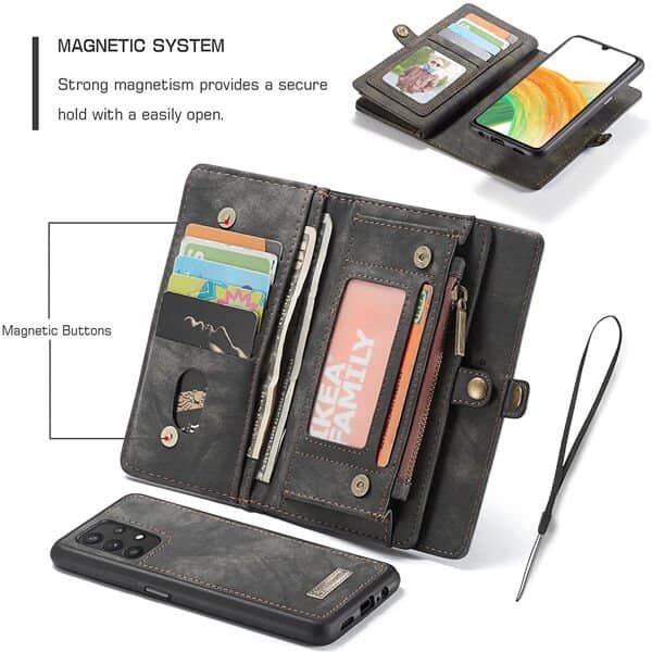 CaseMe Samsung Galaxy A33 5G Zipper & Detachable Retro Leather Pouch Wallet Flip Purse Bag Detachable Phone Case Cover (Black)