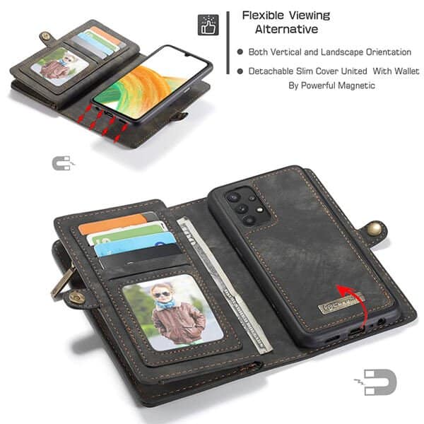 CaseMe Samsung Galaxy A33 5G Zipper & Detachable Retro Leather Pouch Wallet Flip Purse Bag Detachable Phone Case Cover (Black)