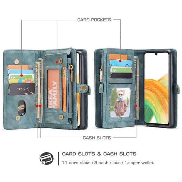 CaseMe Samsung Galaxy A33 5G Zipper & Detachable Retro Leather Pouch Wallet Flip Purse Bag Detachable Phone Case Cover (Sky Blue)
