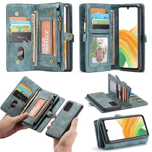 CaseMe Samsung Galaxy A33 5G Zipper & Detachable Retro Leather Pouch Wallet Flip Purse Bag Detachable Phone Case Cover (Sky Blue)