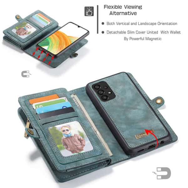 CaseMe Samsung Galaxy A33 5G Zipper & Detachable Retro Leather Pouch Wallet Flip Purse Bag Detachable Phone Case Cover (Sky Blue)