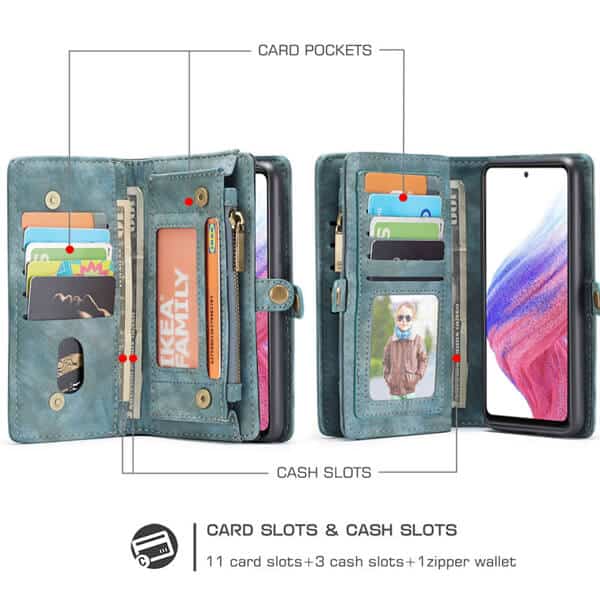 CaseMe Samsung Galaxy A53 5G Zipper & Detachable Retro Leather Pouch Wallet Flip Purse Bag Detachable Phone Case Cover (Sky Blue)