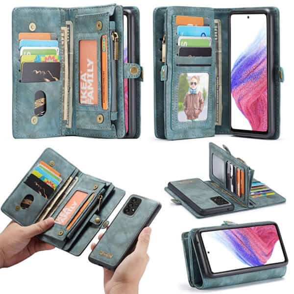 CaseMe Samsung Galaxy A53 5G Zipper & Detachable Retro Leather Pouch Wallet Flip Purse Bag Detachable Phone Case Cover (Sky Blue)
