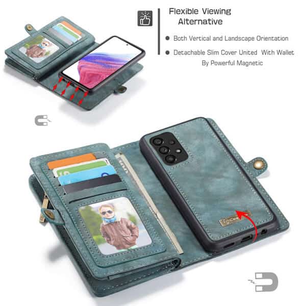CaseMe Samsung Galaxy A53 5G Zipper & Detachable Retro Leather Pouch Wallet Flip Purse Bag Detachable Phone Case Cover (Sky Blue)