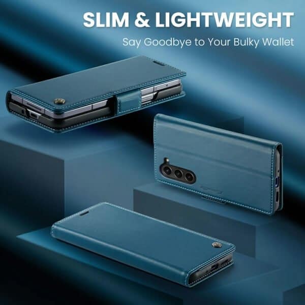 CaseMe Samsung Galaxy Z Fold 5 Retro PU Leather Wallet Case with RFID Blocking Card Holder and Magnetic Closure Cover (Cyan Blue)