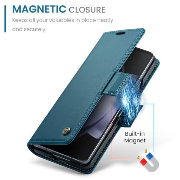 CaseMe Samsung Galaxy Z Fold 5 Retro PU Leather Wallet Case with RFID Blocking Card Holder and Magnetic Closure Cover (Cyan Blue)