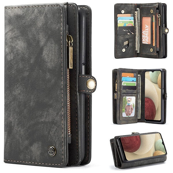 CaseMe Samsung Galaxy A12 Zipper & Detachable Retro Leather Pouch With Chain Wallet Flip Purse Bag Detachable Phone Case Cover