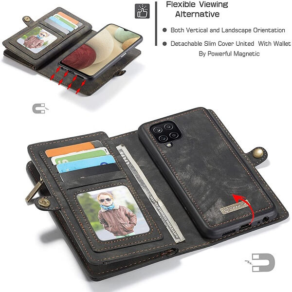 CaseMe Samsung Galaxy A12 Zipper & Detachable Retro Leather Pouch With Chain Wallet Flip Purse Bag Detachable Phone Case Cover