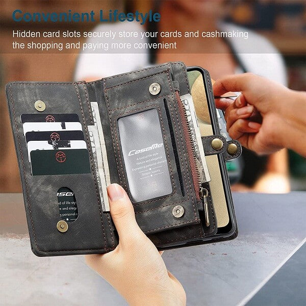 CaseMe Samsung Galaxy A12 Zipper & Detachable Retro Leather Pouch With Chain Wallet Flip Purse Bag Detachable Phone Case Cover