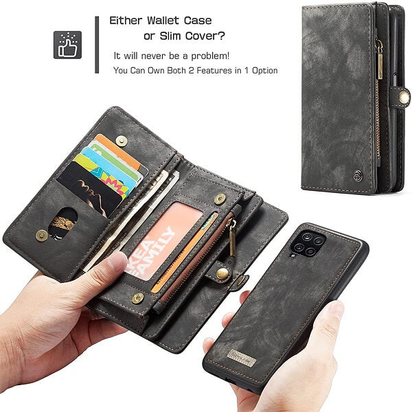 CaseMe Samsung Galaxy A12 Zipper & Detachable Retro Leather Pouch With Chain Wallet Flip Purse Bag Detachable Phone Case Cover