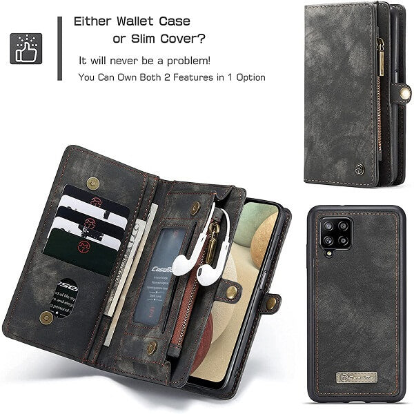 CaseMe Samsung Galaxy A12 Zipper & Detachable Retro Leather Pouch With Chain Wallet Flip Purse Bag Detachable Phone Case Cover