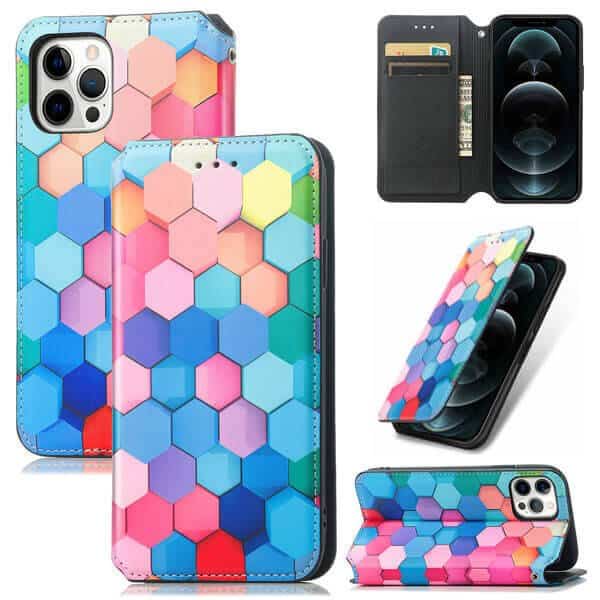 CaseNeo For Apple iPhone 12 Pro Max Leather Wallet Flip Case With RFID Blocking Credit Card Holder Slots Cover - Colored Squares