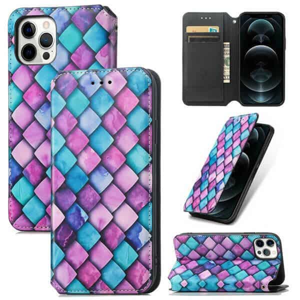 CaseNeo For Apple iPhone 12 Pro Max Leather Wallet Flip Case With RFID Blocking Credit Card Holder Slots Cover - Purple Scales