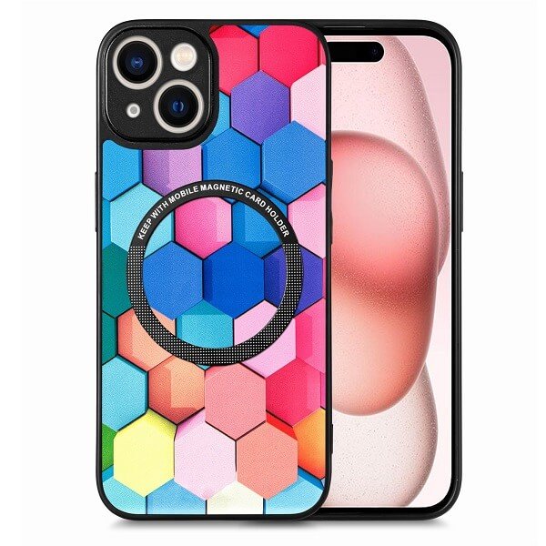 CaseNeo For Apple iPhone 15 | 15 Pro | 15 Pro Max | 15 Plus Leather Cover MagSafe Magnetic Back Case Support Wireless Charging (Colored Squares)