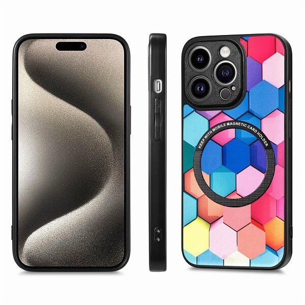 CaseNeo For Apple iPhone 15 Pro Leather Cover Magsafe Magnetic Back Case Support Wireless Charging (Colored Squares)