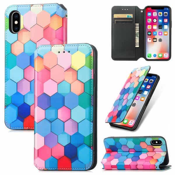 CaseNeo For Apple iPhone X XS Leather Wallet Flip Case With RFID Blocking Credit Card Holder Slots Cover - Colored Squares