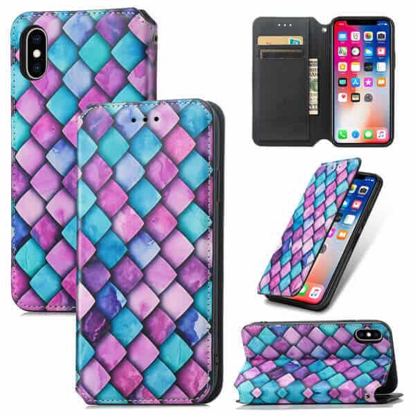 CaseNeo For Apple iPhone X XS Leather Wallet Flip Case With RFID Blocking Credit Card Holder Slots Cover - Purple Scales