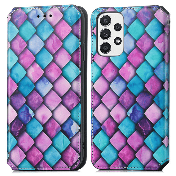 CaseNeo For Samsung Galaxy A13 4G Leather Wallet Flip Case With RFID Blocking Credit Card Holder Slots Cover - Purple Squares