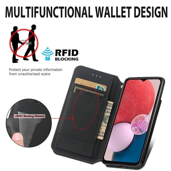 CaseNeo For Samsung Galaxy A13 4G Leather Wallet Flip Case With RFID Blocking Credit Card Holder Slots Cover - Purple Squares