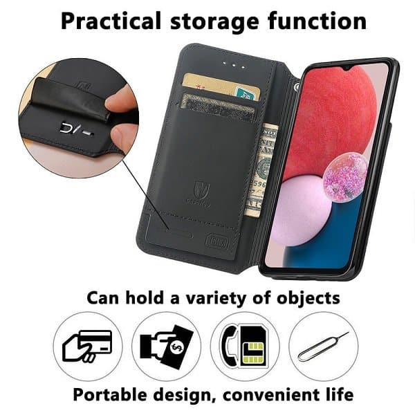 CaseNeo For Samsung Galaxy A13 4G Leather Wallet Flip Case With RFID Blocking Credit Card Holder Slots Cover - Purple Squares