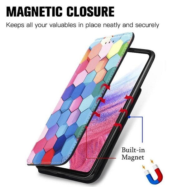 CaseNeo For Samsung Galaxy A53 5G Leather Wallet Flip Case With RFID Blocking Credit Card Holder Slots Cover - Colored Squares