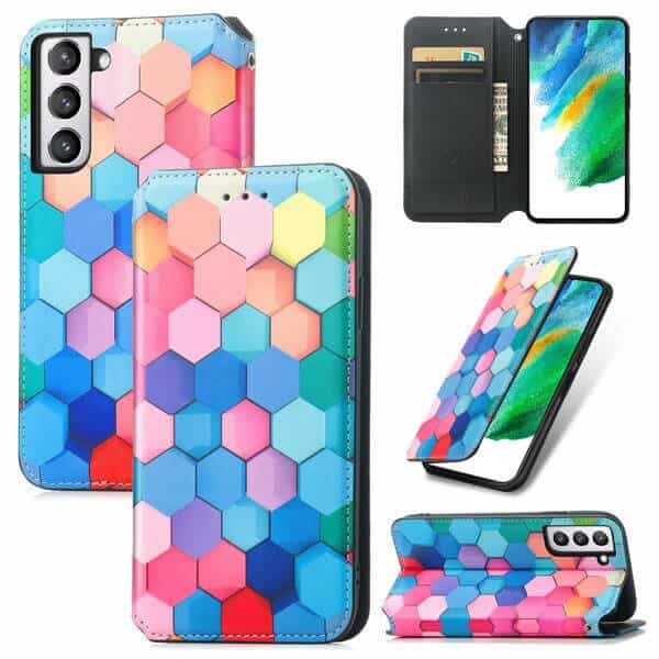 CaseNeo For Samsung Galaxy S21 FE Leather Wallet Flip Case With RFID Blocking Credit Card Holder Slots Cover - Colored Squares