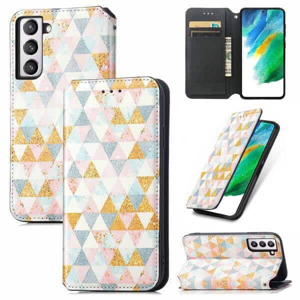 CaseNeo For Samsung Galaxy S21 FE Leather Wallet Flip Case With RFID Blocking Credit Card Holder Slots Cover - Nordic Rhombus