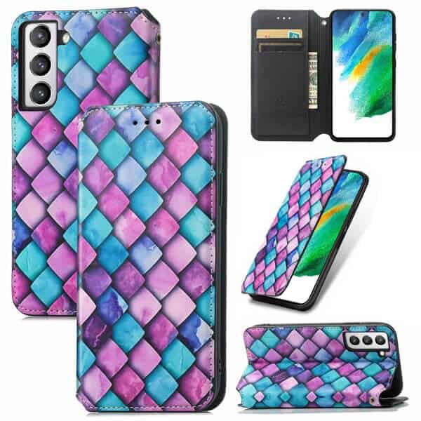 CaseNeo For Samsung Galaxy S21 FE Leather Wallet Flip Case With RFID Blocking Credit Card Holder Slots Cover - Purple Scales
