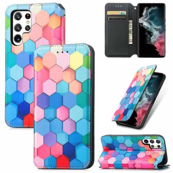 CaseNeo For Samsung Galaxy S22 Ultra 5G Leather Wallet Flip Case With RFID Blocking Credit Card Holder Slots Cover - Colored Squares