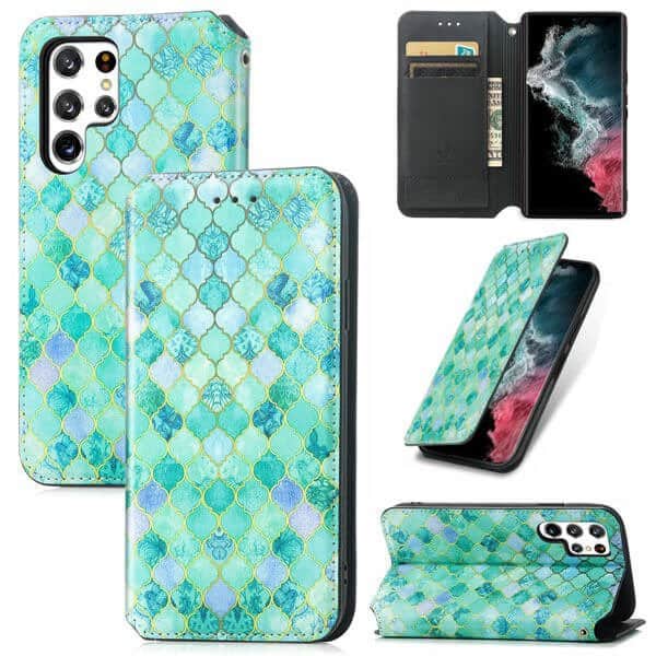 CaseNeo For Samsung Galaxy S22 Ultra 5G Leather Wallet Flip Case With RFID Blocking Credit Card Holder Slots Cover - Emerald