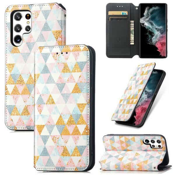 CaseNeo For Samsung Galaxy S22 Ultra 5G Leather Wallet Flip Case With RFID Blocking Credit Card Holder Slots Cover - Nordic Rhombus