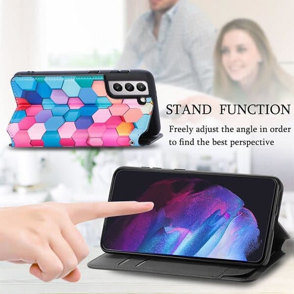 CaseNeo For Samsung Galaxy S23 Leather Wallet Flip Case With RFID Blocking Credit Card Holder Slots Cover - Colored Squares