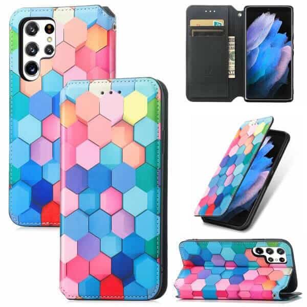 CaseNeo For Samsung Galaxy S23 Ultra Leather Wallet Flip Case With RFID Blocking Credit Card Holder Slots Cover - Colored Squares