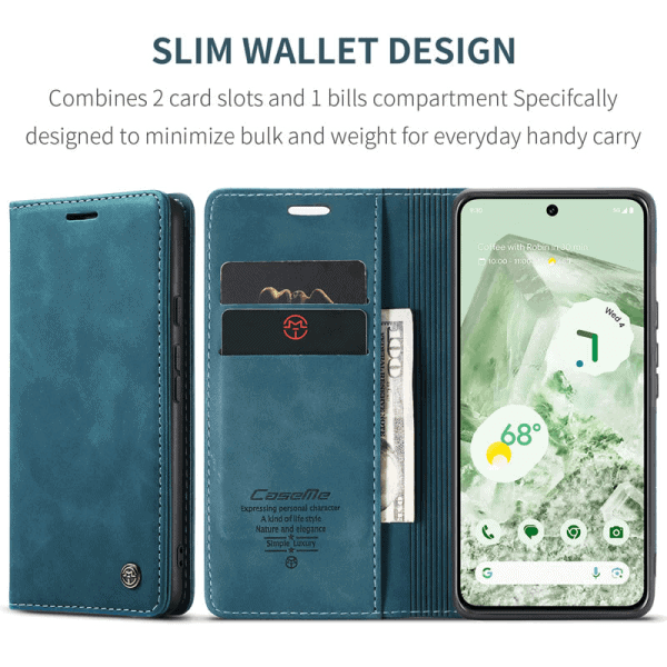 Caseme For Google Pixel 8A Case RFID Blocking Retro Flip Premium Leather Card Holder Wallet Cover (Cyan Blue)