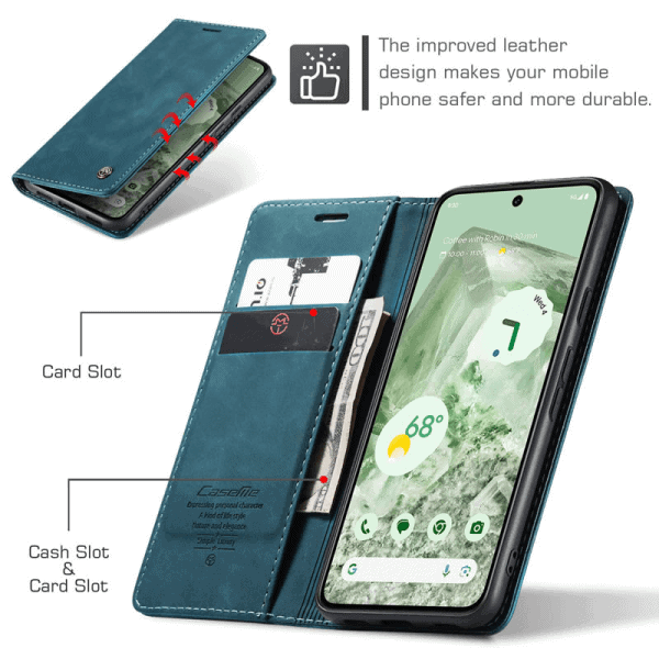 Caseme For Google Pixel 8A Case RFID Blocking Retro Flip Premium Leather Card Holder Wallet Cover (Cyan Blue)