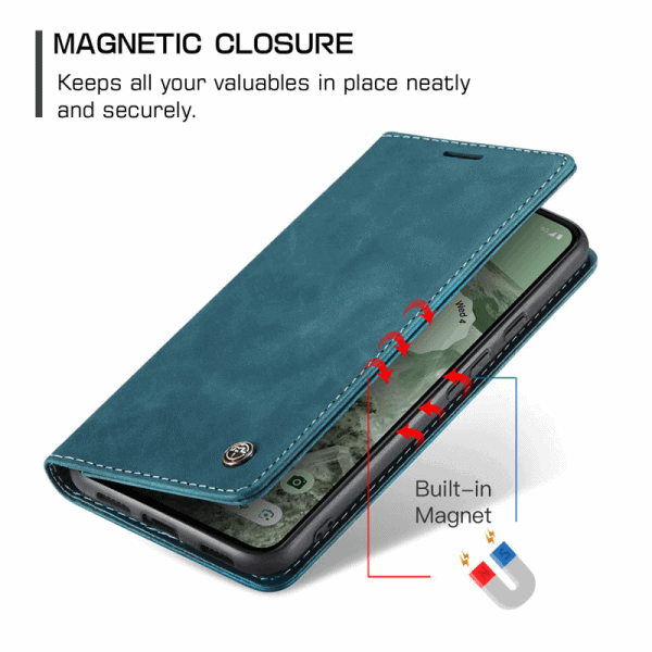 Caseme For Google Pixel 8A Case RFID Blocking Retro Flip Premium Leather Card Holder Wallet Cover (Cyan Blue)