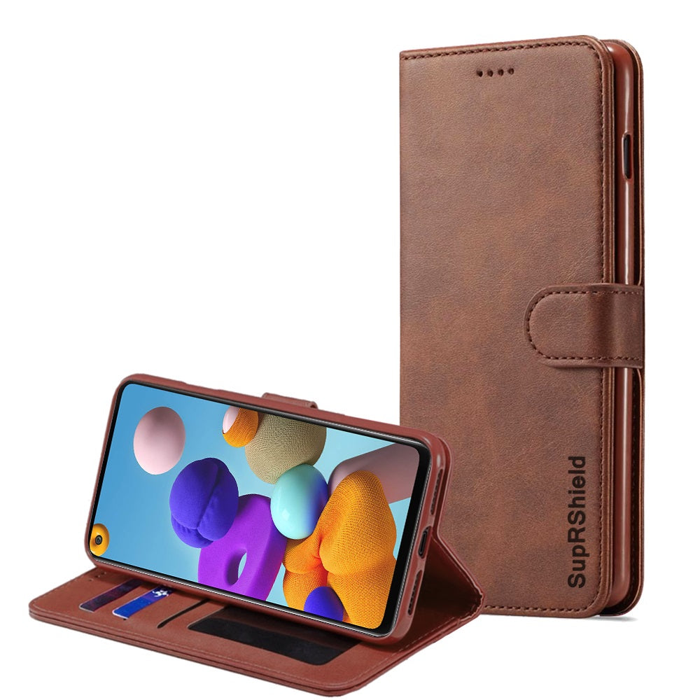 For Samsung Galaxy A21s Wallet Case Genuine SupRShield Leather Flip Stand Magnetic Case Cover