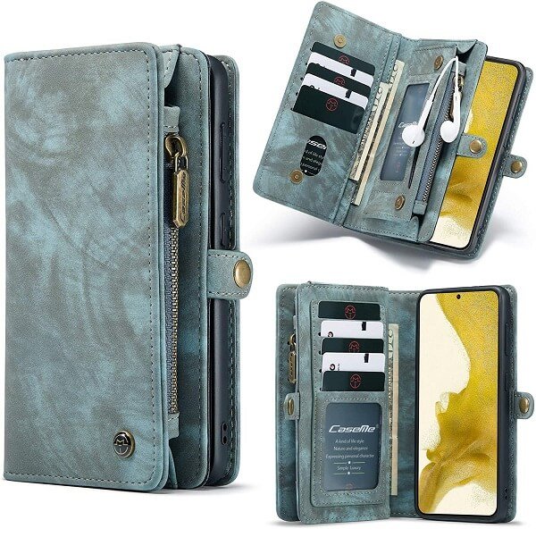 CaseMe For Samsung Galaxy S22 | S22+ /S22 Plus | S22 Ultra Zipper & Detachable Retro Leather Pouch With Chain Wallet Flip Purse Bag Detachable Phone Case Cover