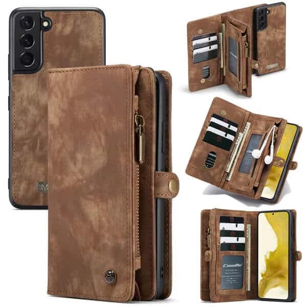 CaseMe For Samsung Galaxy S22 | S22+ /S22 Plus | S22 Ultra Zipper & Detachable Retro Leather Pouch With Chain Wallet Flip Purse Bag Detachable Phone Case Cover