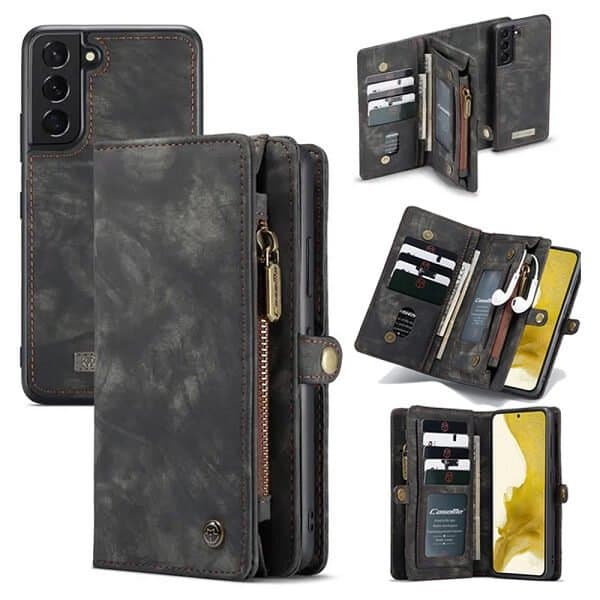 CaseMe For Samsung Galaxy S22 | S22+ /S22 Plus | S22 Ultra Zipper & Detachable Retro Leather Pouch With Chain Wallet Flip Purse Bag Detachable Phone Case Cover