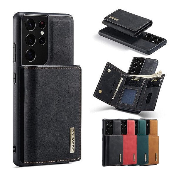 DG.MING For Samsung Galaxy S21 S21 FE S21 Ultra Premium Trifold Wallet Leather Case With 2-in-1 Magnetic Detachable Card Holder Pocket Cover