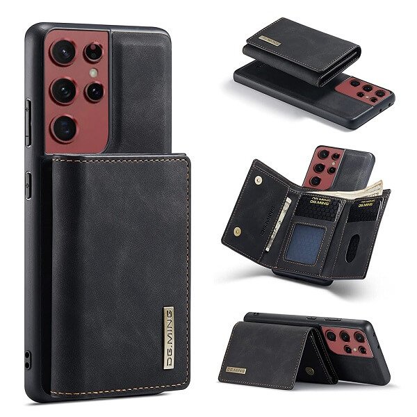 DG.MING For Samsung Galaxy S22 | S22+ /S22 Plus | S22 Ultra Premium Trifold Wallet Leather Case With 2-in-1 Magnetic Detachable Card Holder Pocket Cover