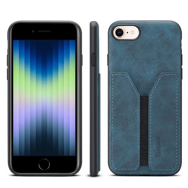 Denior For Apple iPhone SE 2022 Leather Case with Elastic Wallet Card Holder Slot Pocket Cover - Blue
