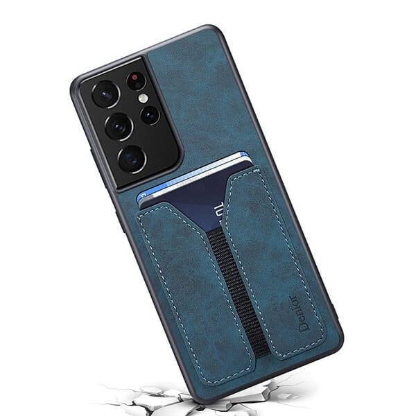 Denior For Samsung Galaxy S21 Ultra Leather Case with Elastic Wallet Card Holder Slot Pocket Cover - Blue