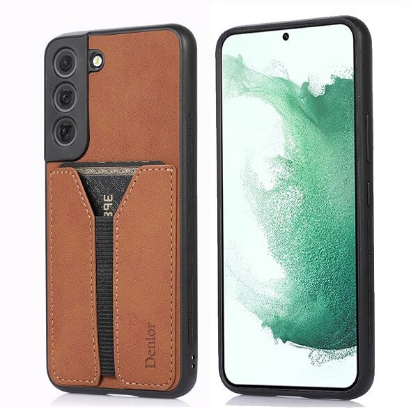 Denior For Samsung Galaxy S22+ S22 Plus Leather Case with Elastic Wallet Card Holder Slot Pocket Cover - Brown